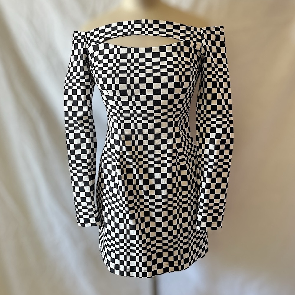 ZARA Trendy Checkered Trippy Pattern Longsleeve Mini Dress w/Keyhole
